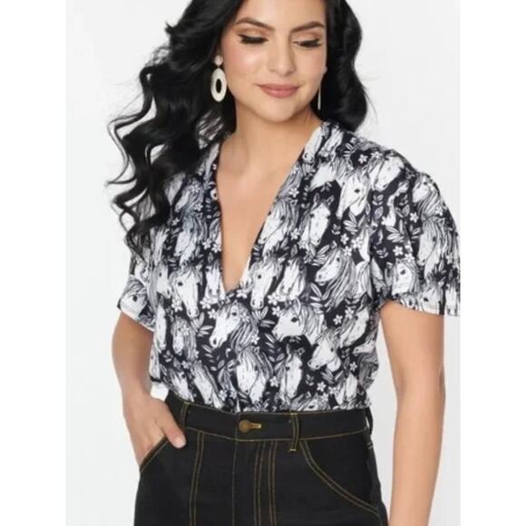 Unique Vintage 1970’s Black Wild Horses Flutter Sleeve Bodysuit 2X 18 NWOT - Picture 3 of 5